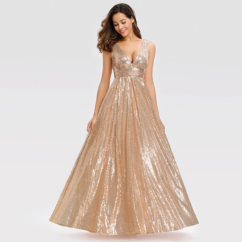 Gold Prom Party Gowns A-Line Sequin Gilding Full-Dresses Prom Dresses