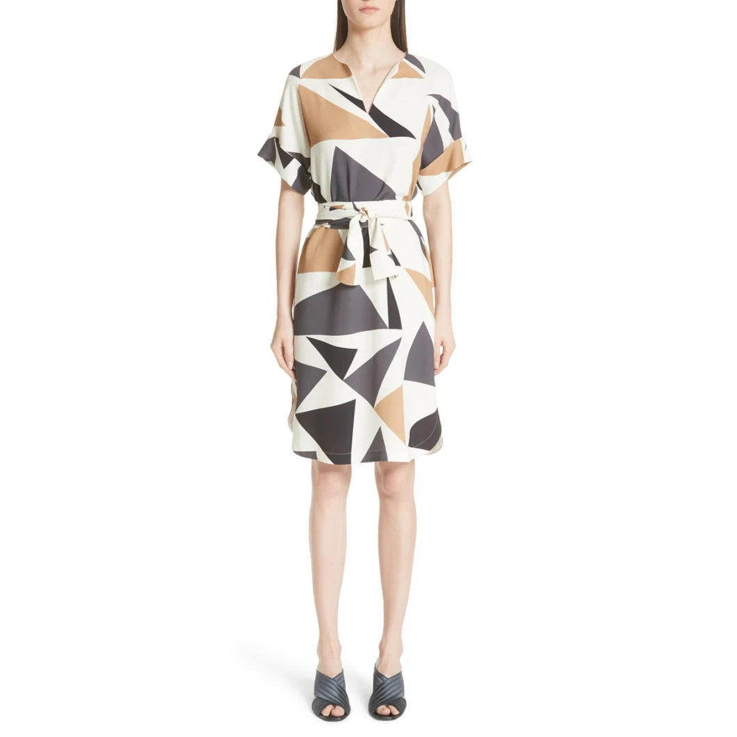 Matching Self-Tie Belt Ladies Geometric Print A-Line Dress Clothes
