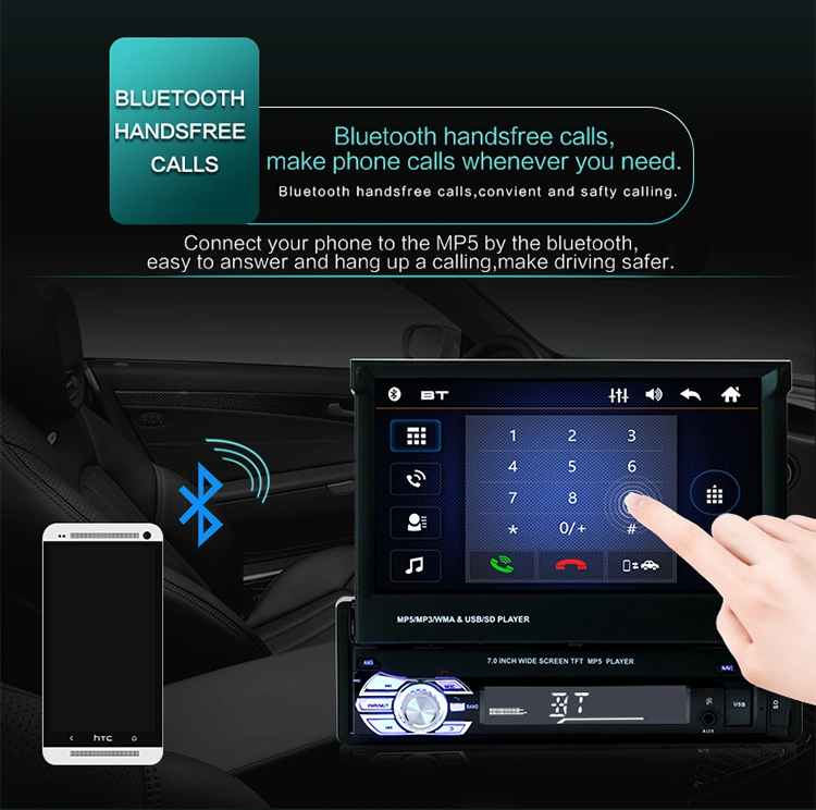 7inch Retractable Fix Panel Single DIN Car Radio MP5 Stereo with Bluetooth Mirror Link FM Video