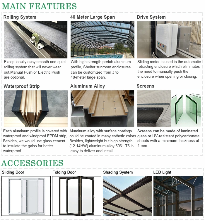 Lean-to High Line Aluminum Frame Prefabricated Sunroom Patio Retractable Enclosure