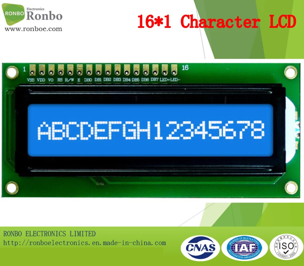 16X1 Character LCD Display, MCU 8bit, Stn Blue, 16pin Header, COB LCD Monitor
