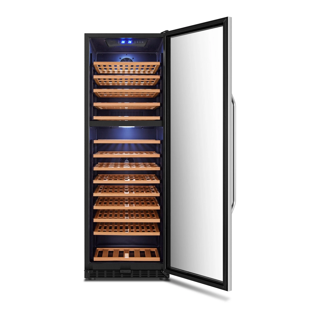 China Free Standing Dual Zone Stainless Steel Glass Door Beech Wood Shelf Wine Refrigerator for Home