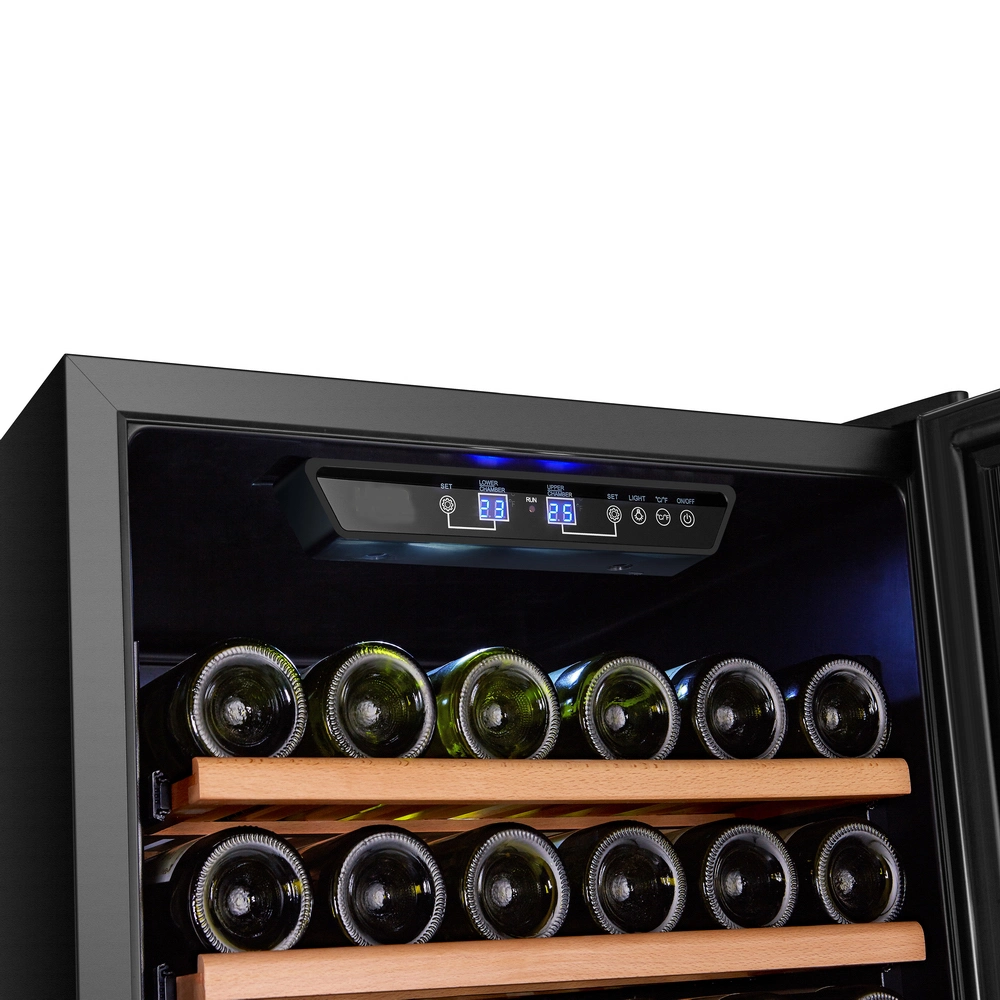 China Free Standing Dual Zone Stainless Steel Glass Door Beech Wood Shelf Wine Refrigerator for Home