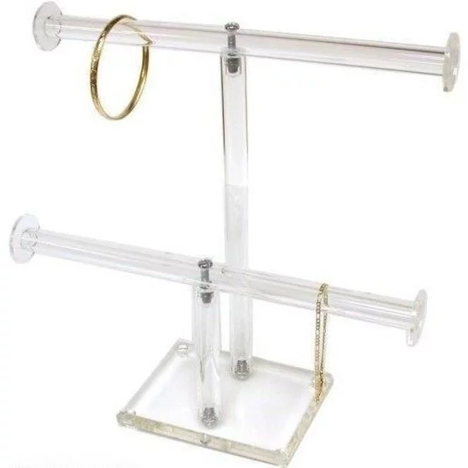 2 Tier Clear Acrylic T-Bar Bracelet Necklace Jewelry Display Stand