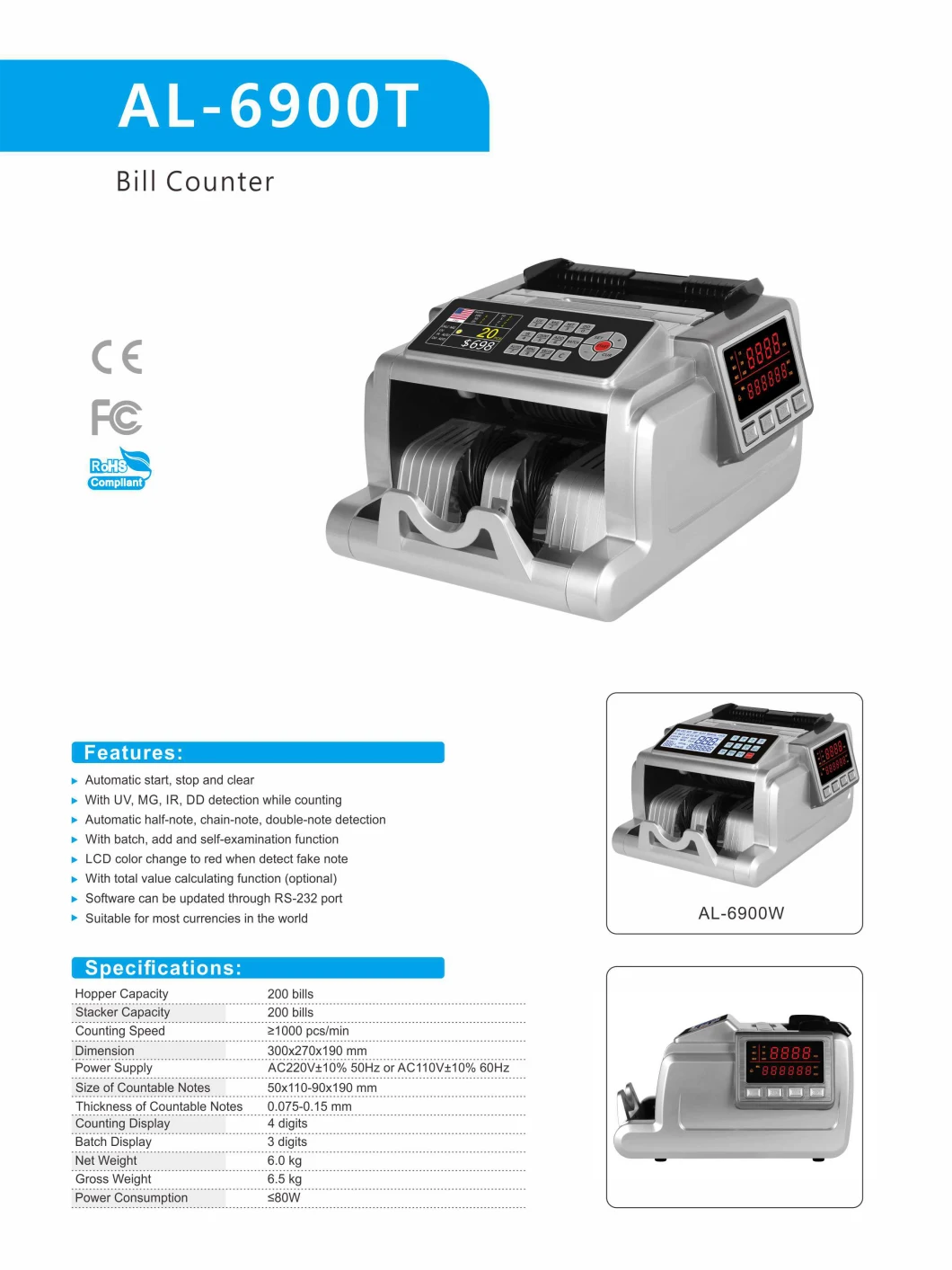 Al-6900t Mix Value Counter Machine Money Counter Machine with Large LED Display