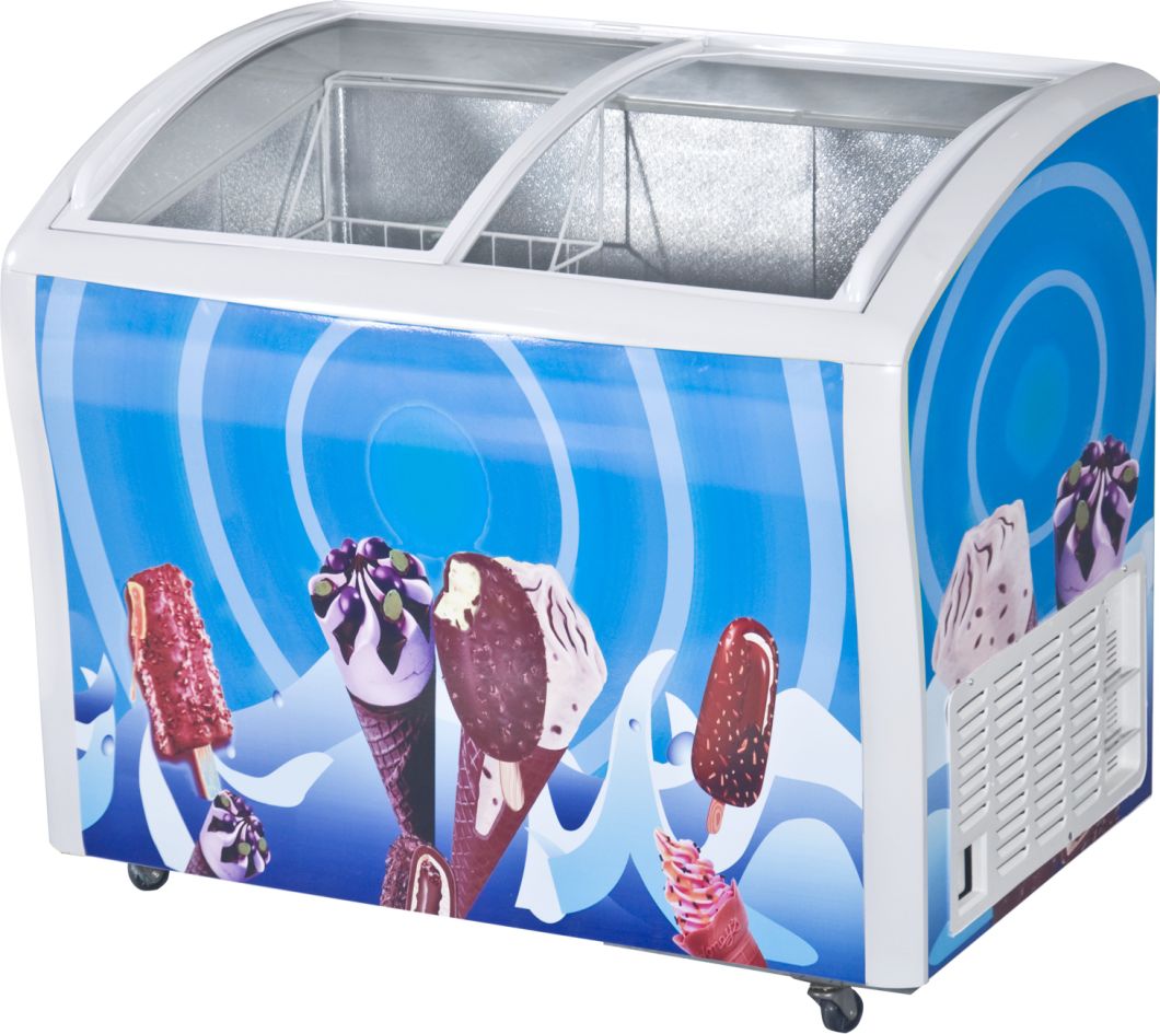 298L Defrost Double Glass Curved Door Ice Cream Freezer Showcase