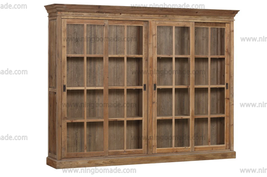 Antique Vintage Industrial Furniture Natural Reclaimed Fir Wood Cabinet Double Glass Doors Bookcase
