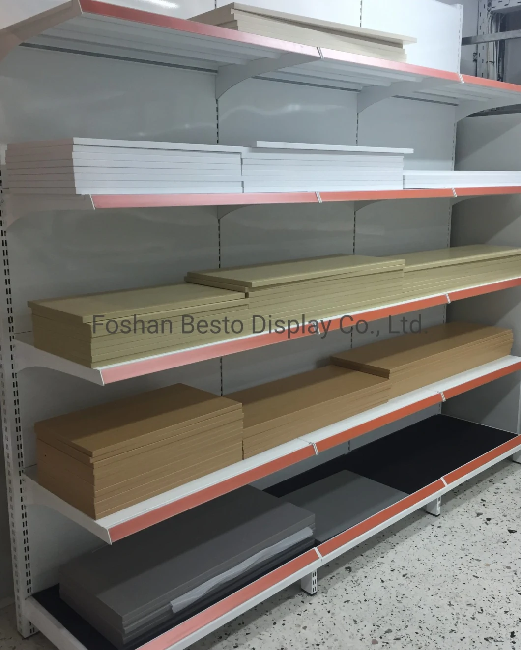 European Style China Export Popular Slatwall Used Supermarket Display Wooden MDF Shelves