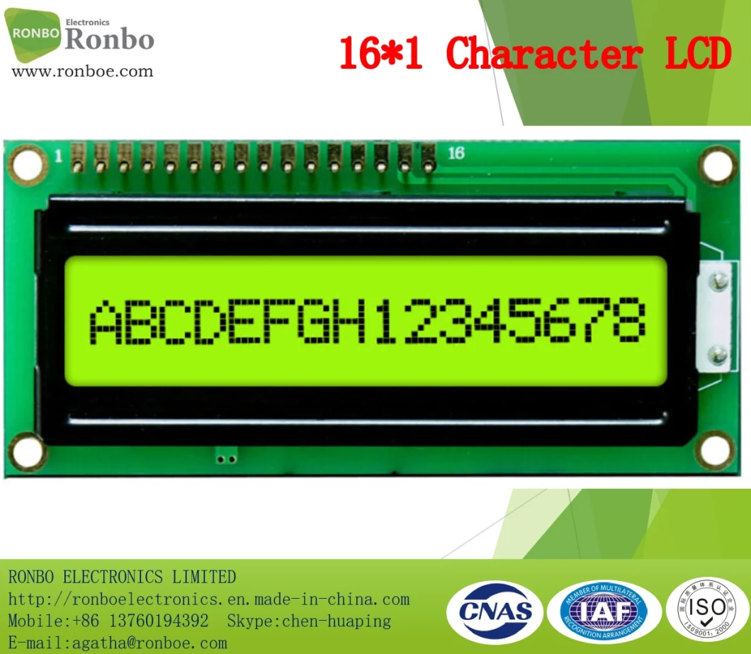 16X1 Character LCD Display, MCU 8bit, Stn Y-G, 16pin Header, COB LCD Screen
