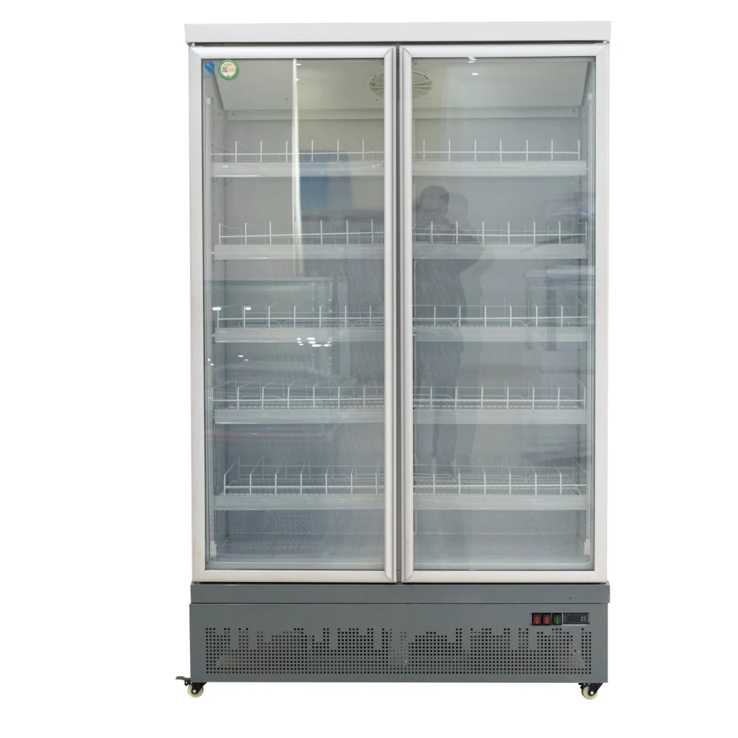 Double Glass Door Supermarket Beverage Display Chiller Showcase