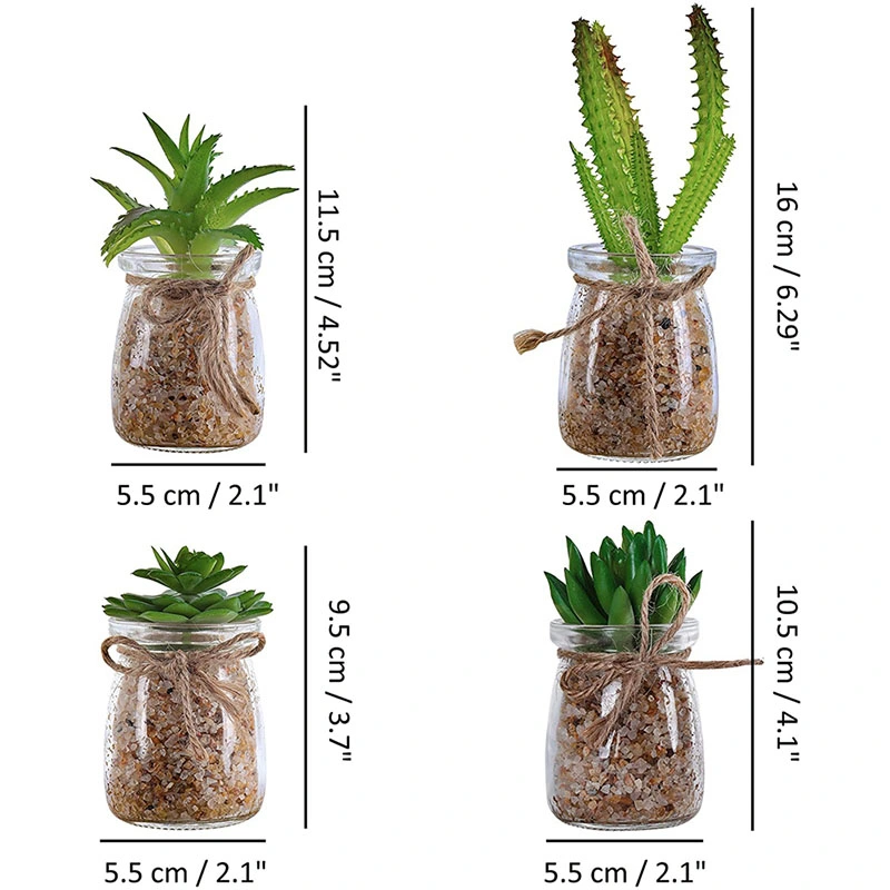 Artificial Plants (4 Pack) - Decorative Mini Artificial Succulent Plant in Clear Glass Vases Display