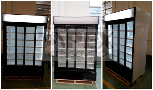 Double Sliding Glass Door Showcase Fridge 600L Upright Supermarket Refrigerated Showcase