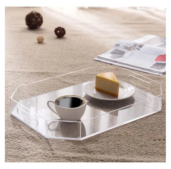 Acrylic Polygon Cleat Tray with Side Handles Decorative Display, Countertop, Kitchen, Vanity Serve Tray