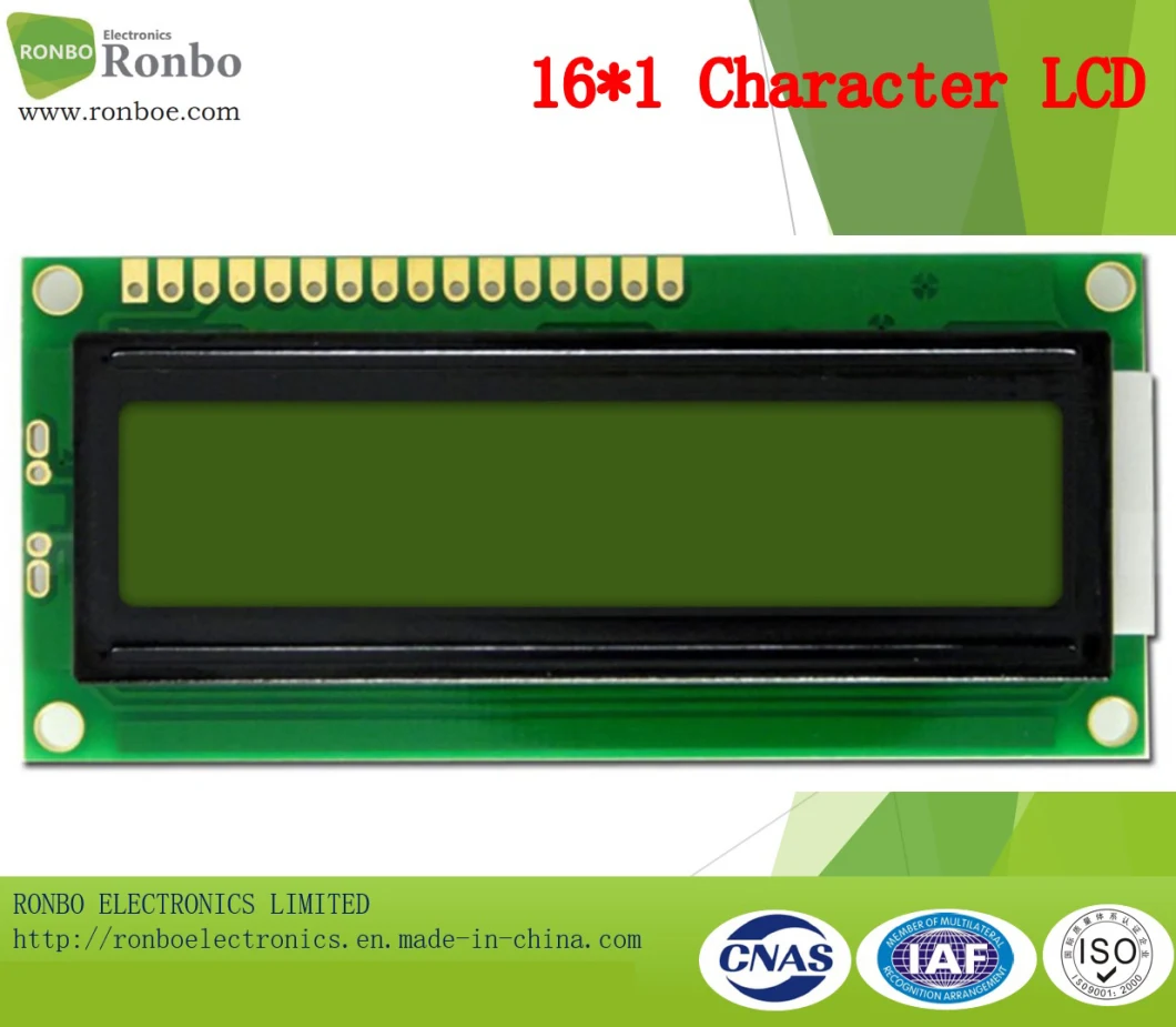 16X1 Character LCD Display, MCU 8bit, Stn Y-G, 16pin Header, COB LCD Screen