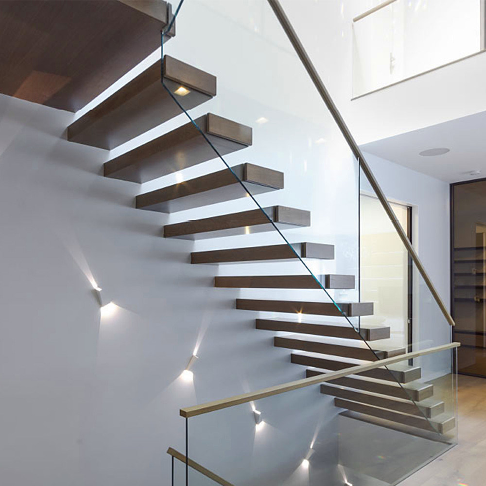 Modern Simple Glass Wood Floating Staircase with Timber Tread and Glass Railings
