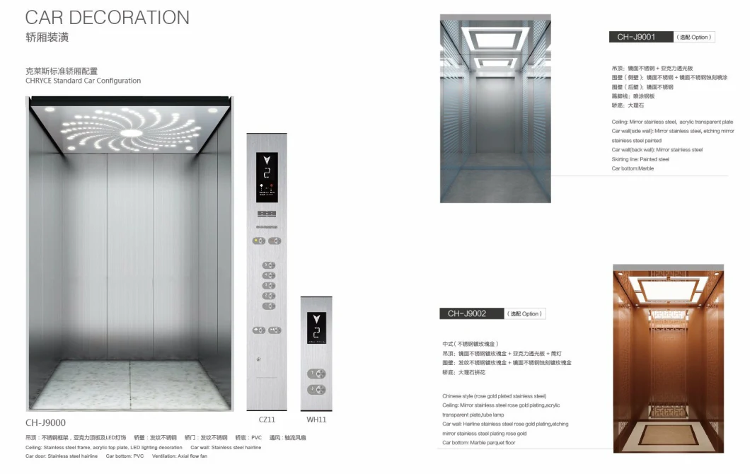 China Factory Vvvf 630kg Gold Mirror Etching Finish Passenger Elevator with Stainless Steel Glass Door