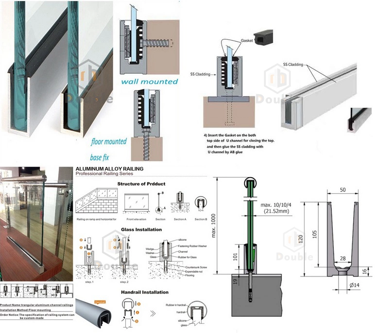 Aluminum Terrace Glass Railing Designs U Channel Bottom Glass Handrail