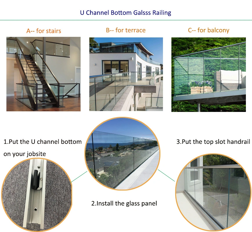 Interior Handrail System Metal Aluminum U Channel Base Glass Railing