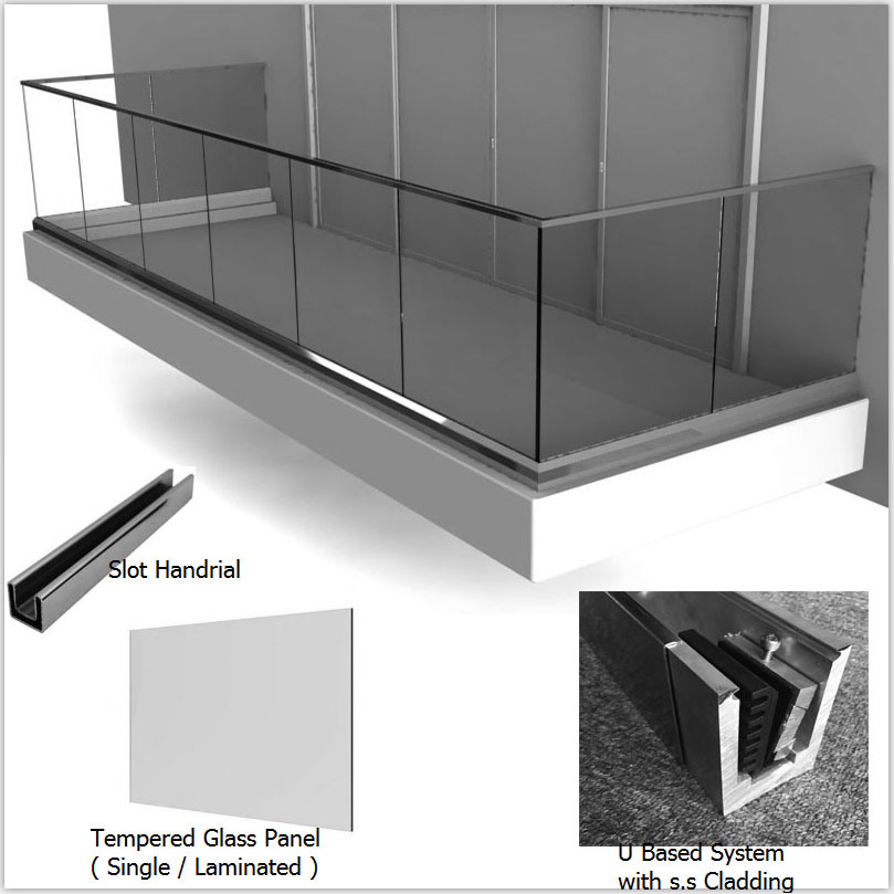 Outdoor U Channel Railing Modern Terrace Glass Balustrade System