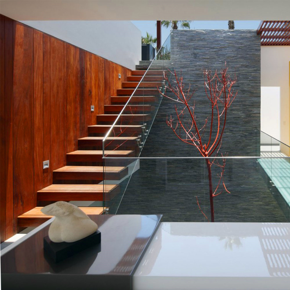 Modern Simple Glass Wood Floating Staircase with Timber Tread and Glass Railings