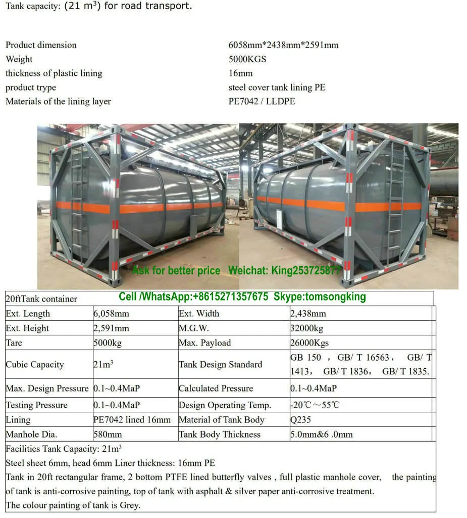 Trailer Mounted Hydrochloric Acid Tank Lined LLDPE 7042 21000 Liter, 22000 Liter, 25000 Liter
