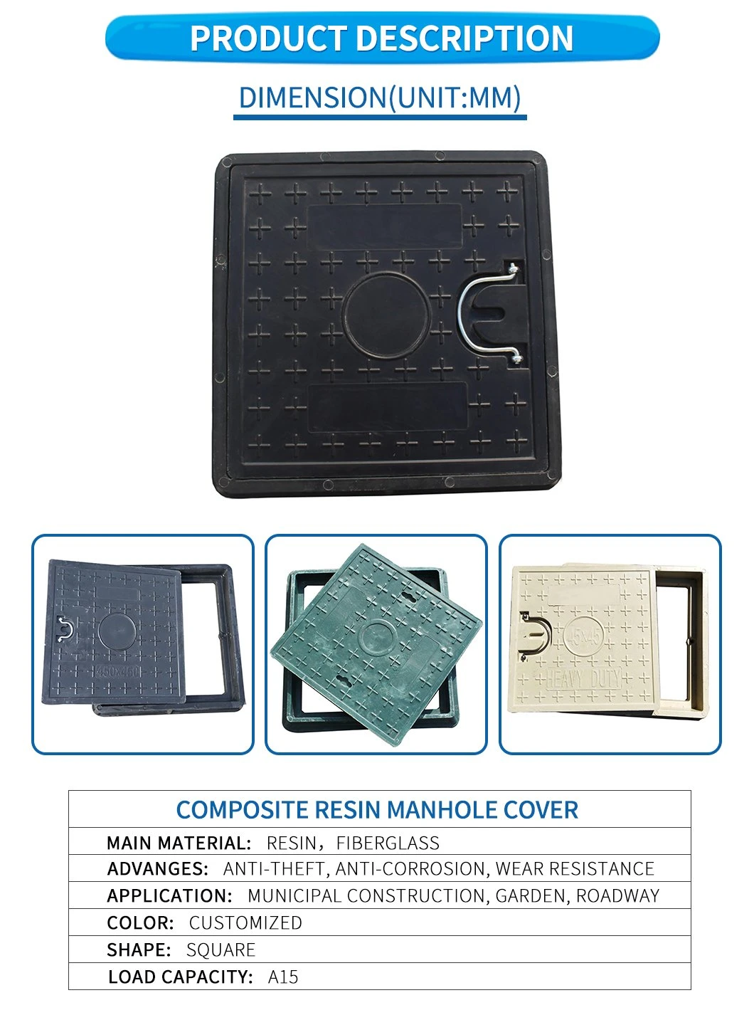 A15 FRP Acid Resistance Composite Resin BMC/SMC/FRP Manhole Cover