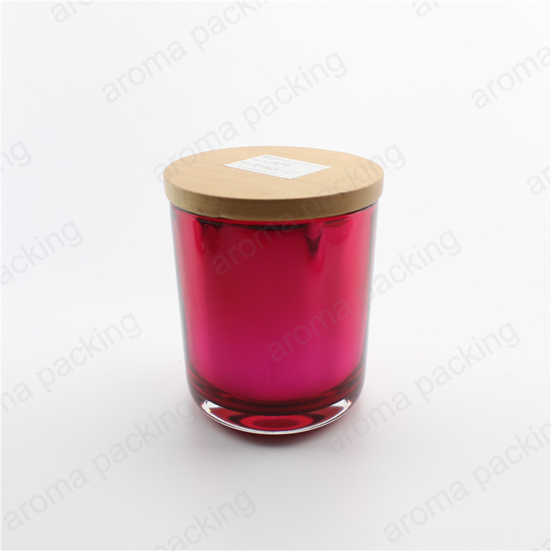 Electroplating Colorful Glass Candle Jar with Wooden Lids Metal Lids