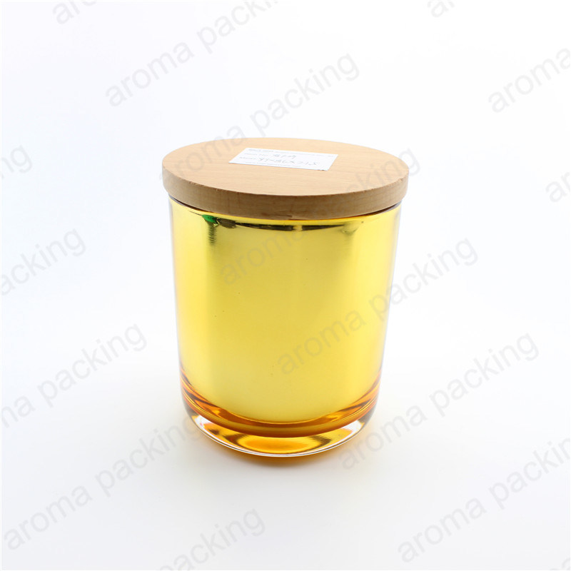 Electroplating Colorful Glass Candle Jar with Wooden Lids Metal Lids